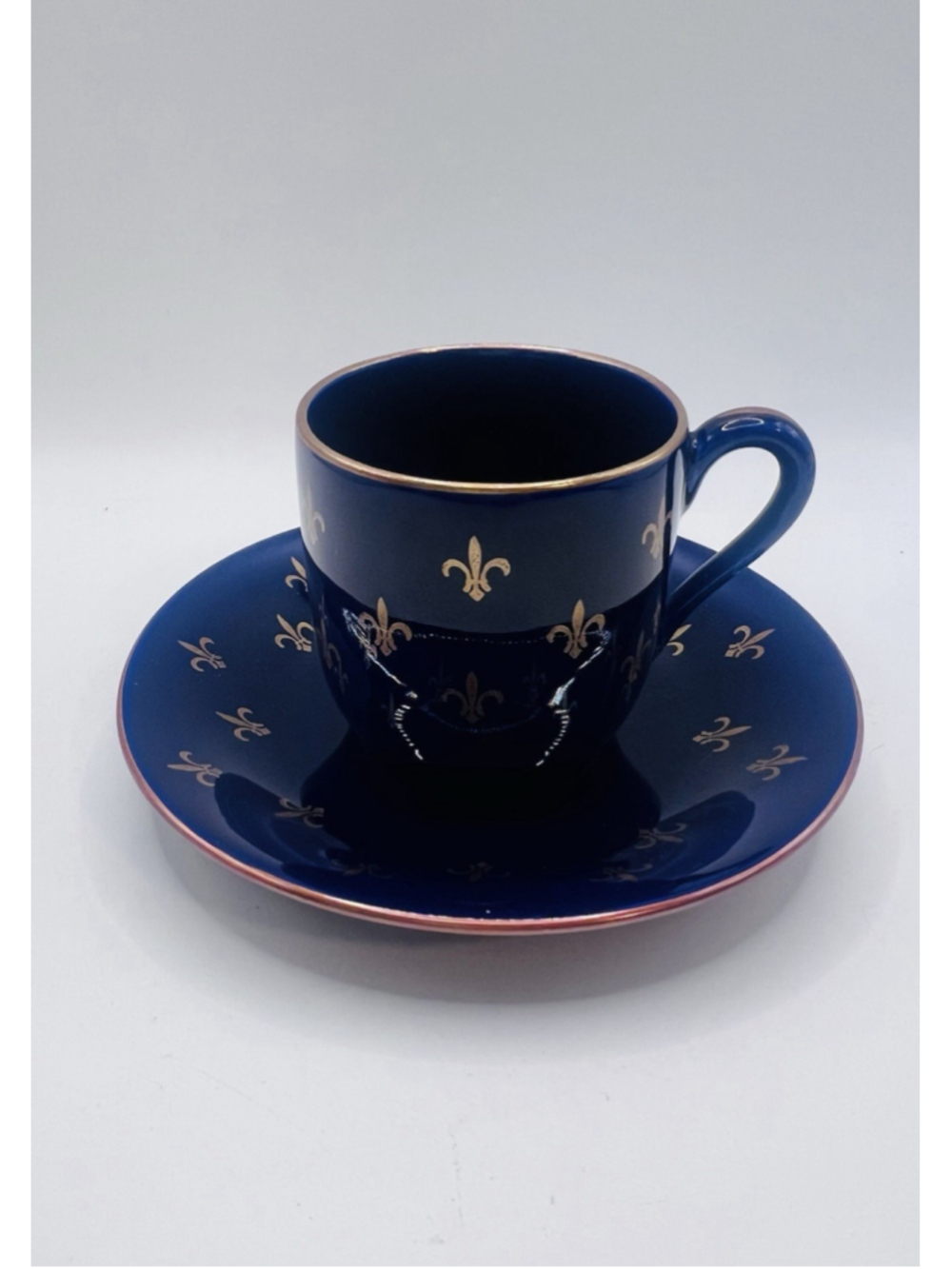 Vinatge Rorstrand Fleur De Lis Blue Gold Demitasse Espresso Cup & Saucer Sweden